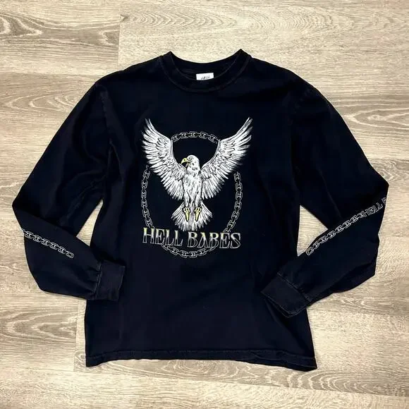 Hell Babes Graphic Long Sleeve Eagle Chain Print Top Black Medium89 - Picture 6 of 15